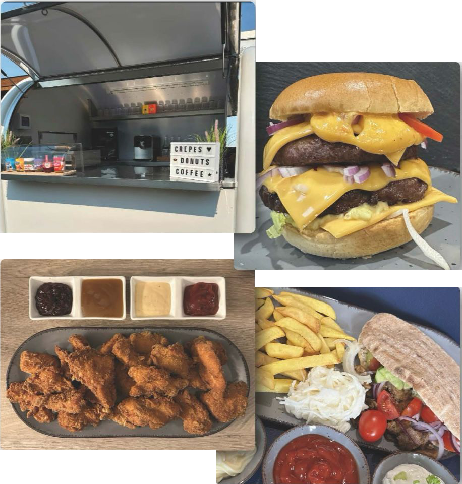 Collage: Food-Trailer, Burger, Chicken-Wings, Pommes